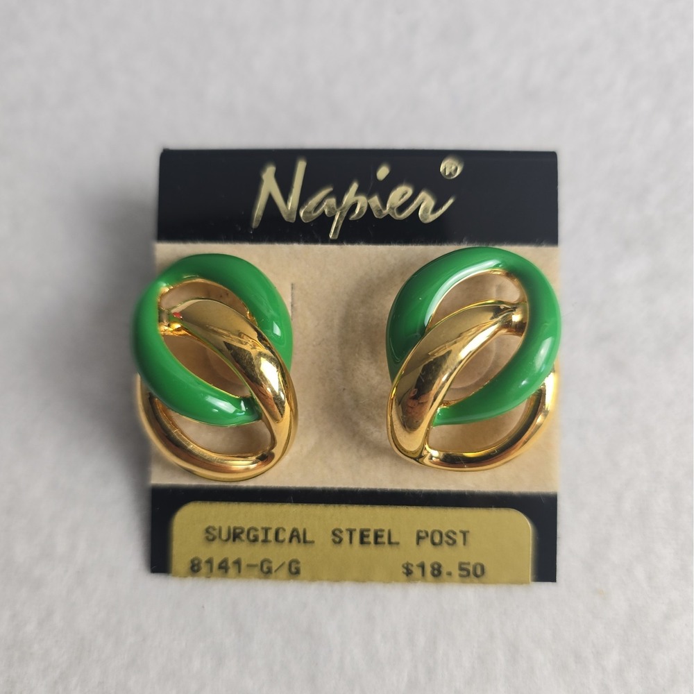 Vintage Napier Green Gold Enamel Circular Earrings Retro Statement 8141-G/G